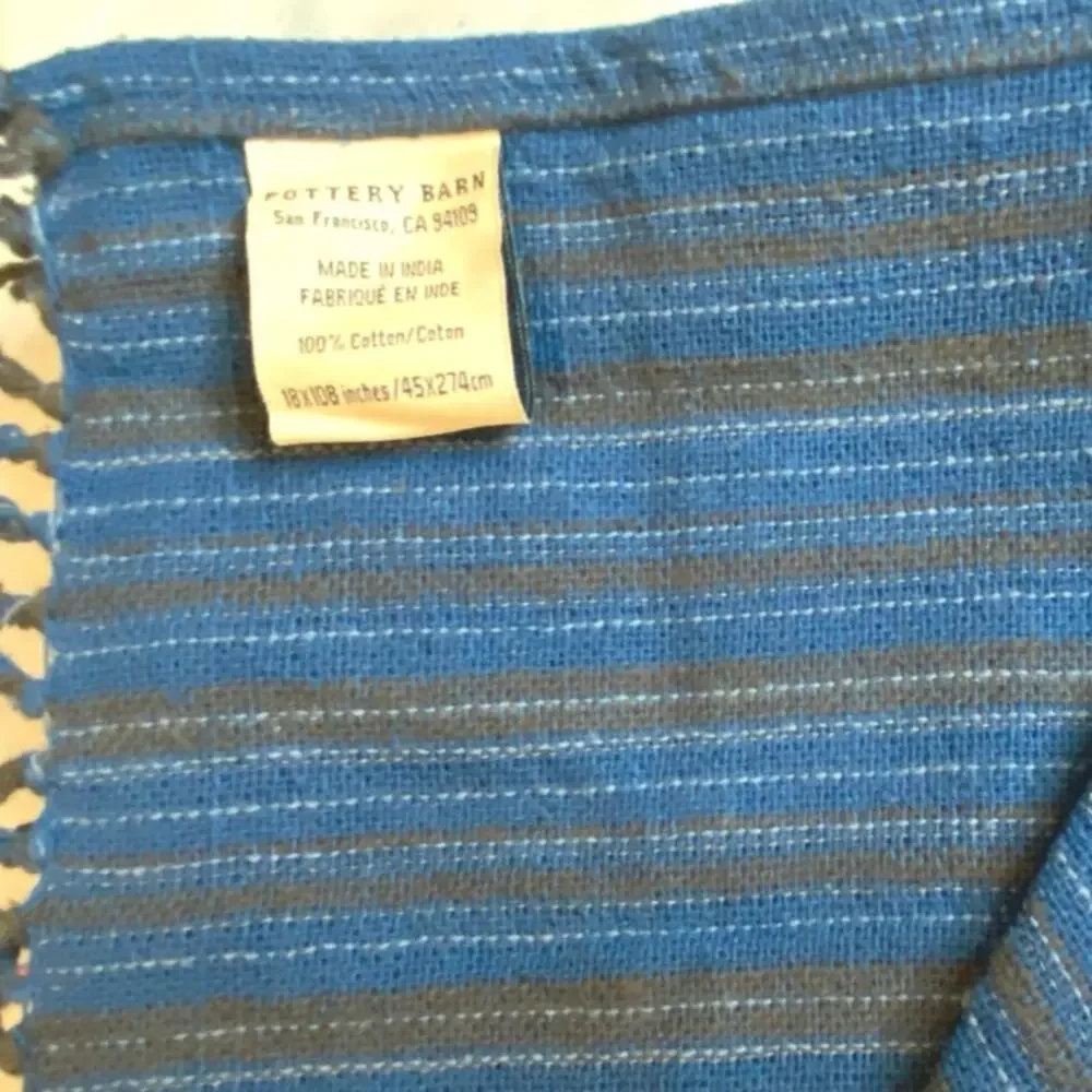 Vintage Blue‎ Brown striped Cotton Fringed 18 x 108 POTTERY BARN Table Runner
